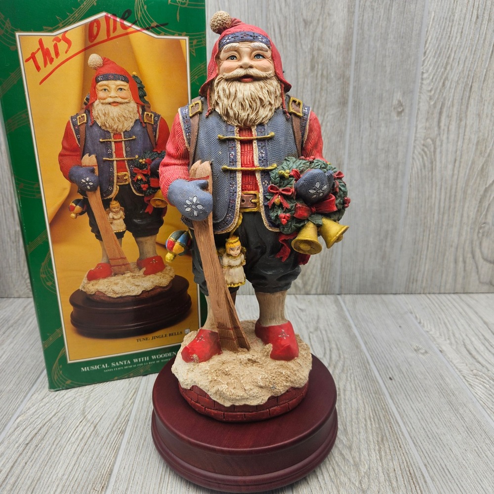 Musical Santa With Wooden Base Skis and Bells Plays Jingle Bells Nordic